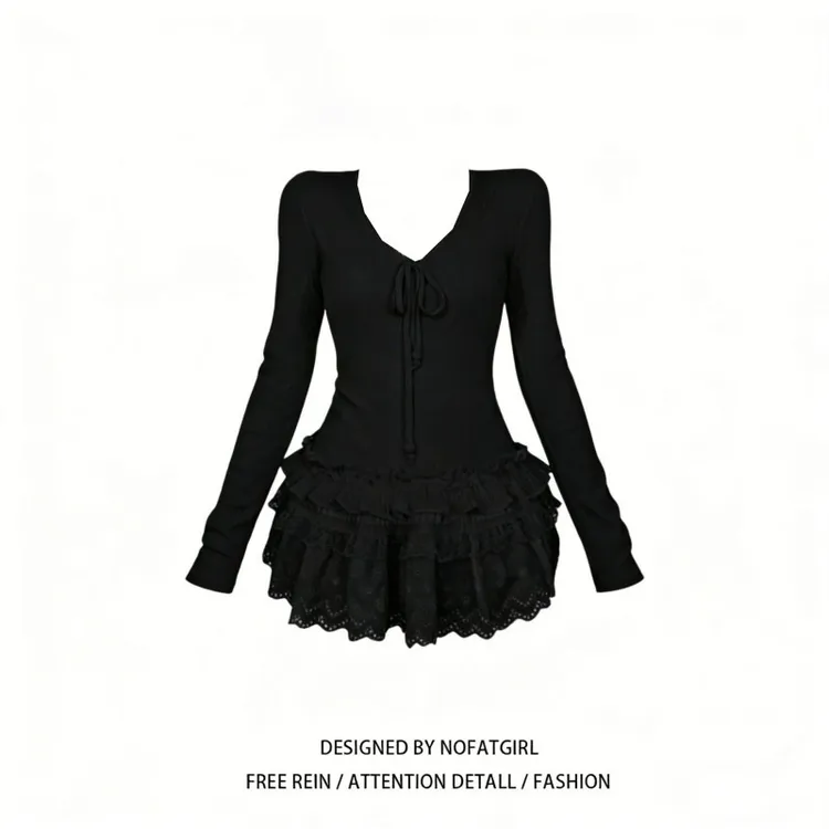 大码胖MM白色V领蕾丝蝴蝶结长袖打底衫女秋冬甜美高级感内搭上衣