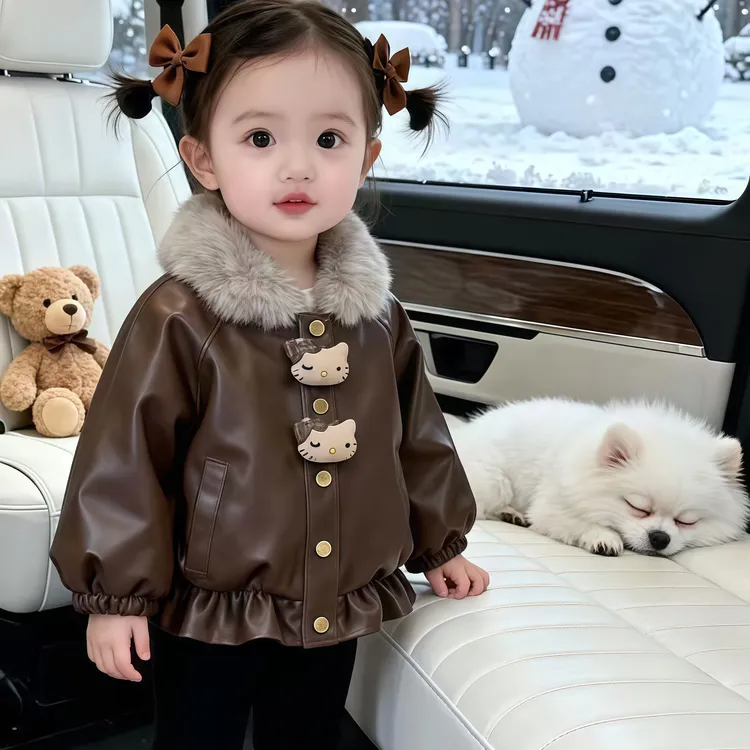 女童冬季毛领皮衣外套夹棉加绒2025新款儿童洋气可爱棉服加厚保暖