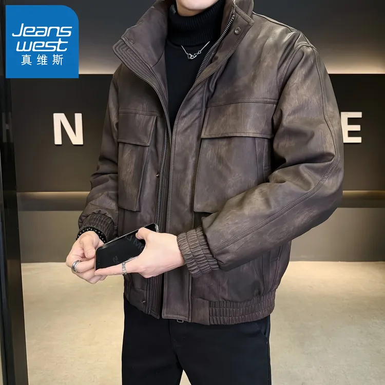 真维斯Jeanswest冬季男士机车PU皮面羽绒服夹克立领加绒加厚外套