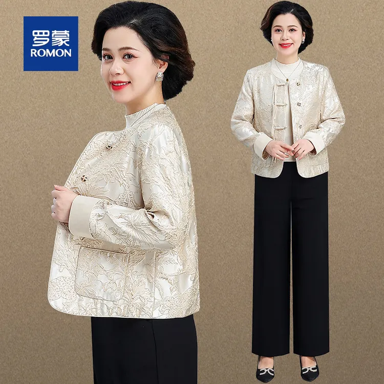 罗蒙新中式妈妈秋装外套新款中老年女装春秋小香风上衣服国风套装