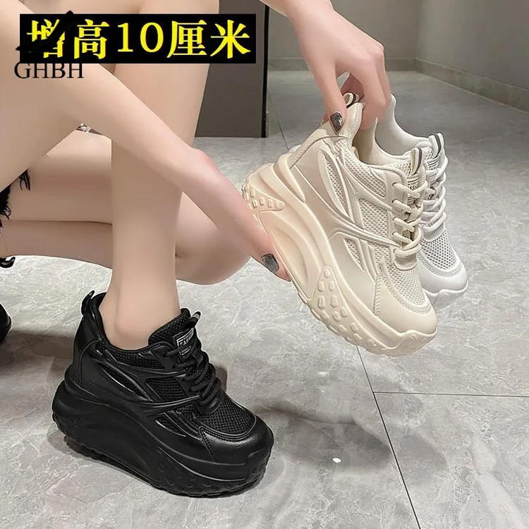 10cm厚底老爹鞋女2025夏秋新款内增高网面透气百搭休闲小个子女鞋