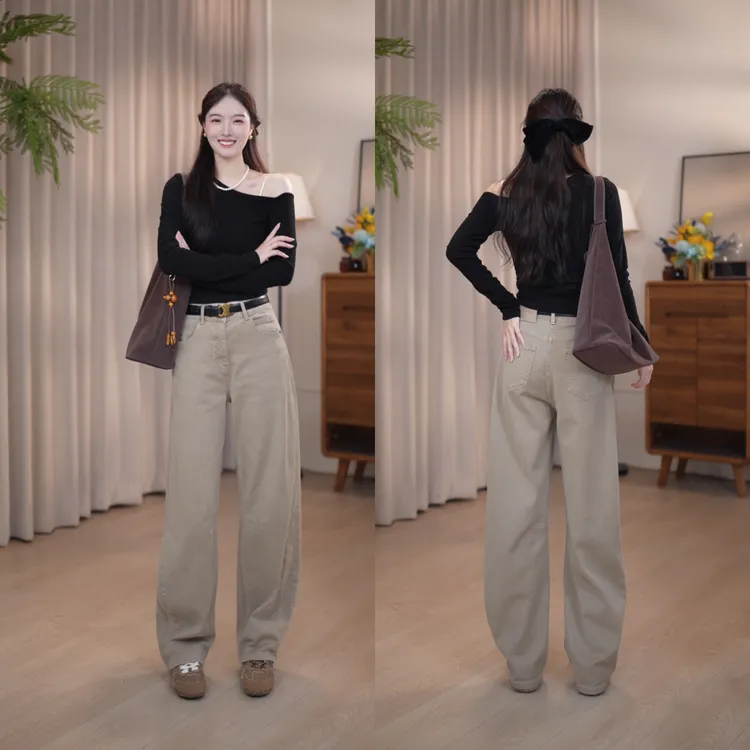 秋冬天加厚2025季弯刀牛仔裤女直筒弯刀杏色高腰直筒牛仔裤