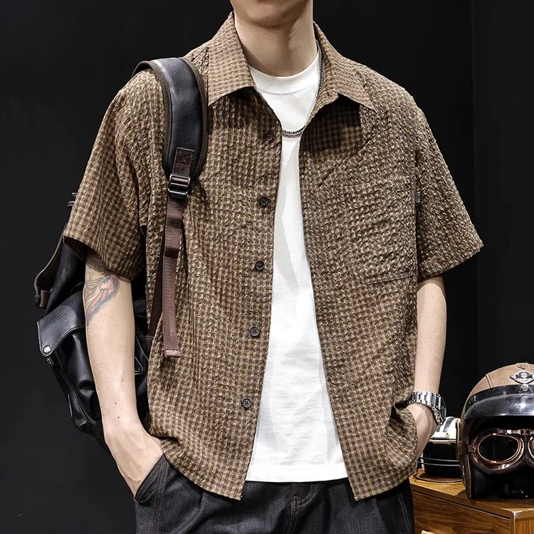 肌理感格纹短袖衬衫男士夏季新款轻奢潮流复古高级感宽松休闲外套