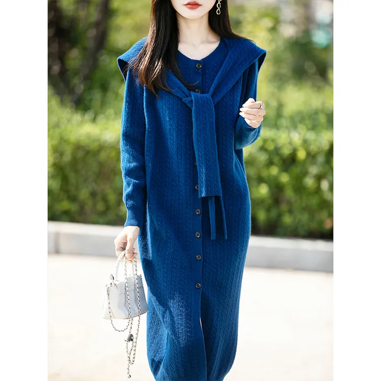 设计感100%纯羊毛开衫连衣裙长裙套装女秋冬复古气质洋气披肩外搭