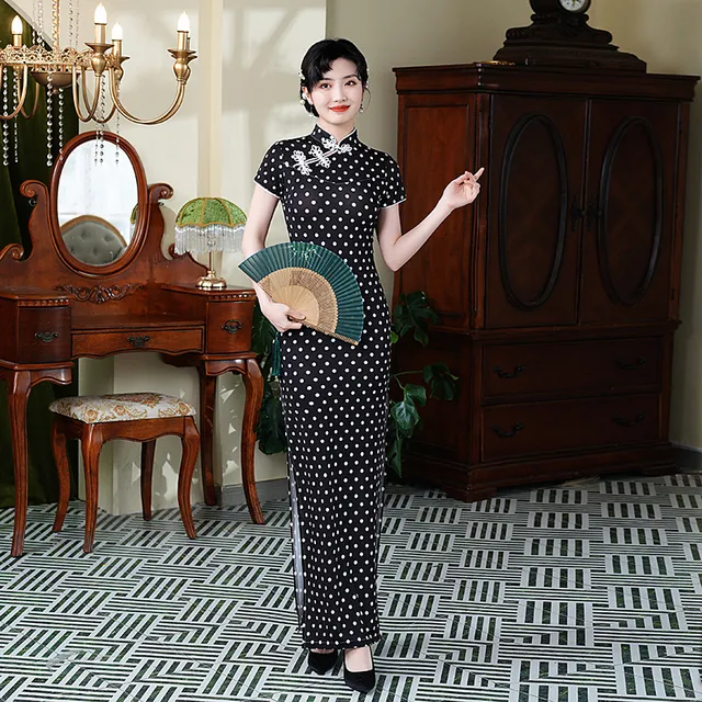 春冰丝薄长款弹力新中式旗袍修身演出服礼服敬酒服夜上海走秀082