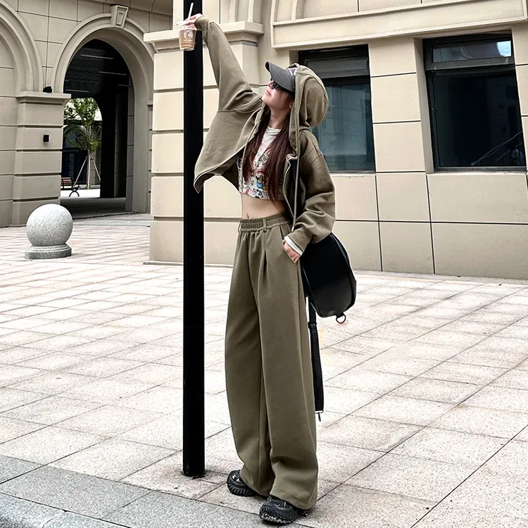 华夫格气质百搭针织连帽卫衣外套阔腿裤两件套24M005