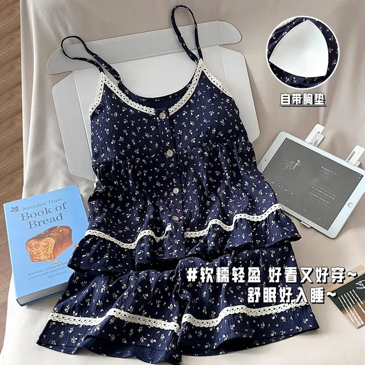 睡衣女带胸垫夏季薄款云朵棉性感甜美碎花夏天家居服吊带短裤套装