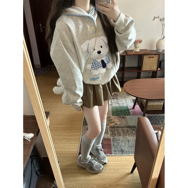 美式慵懒chic毛绒小狗纽扣连帽卫衣女秋冬宽松舒适韩系学院风外套