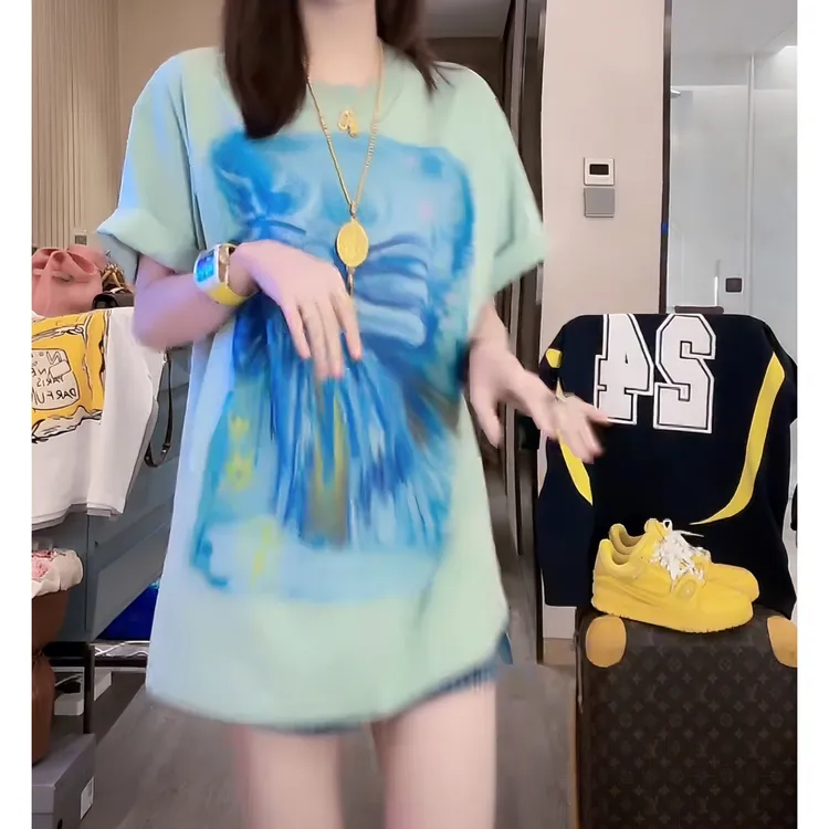 2025夏季新款设计感油画蝴蝶结短袖T恤女宽松大板遮屁股半袖上衣