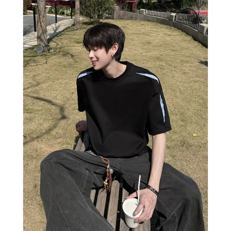 美式高街拼接条纹解构短袖男夏季设计感正肩t恤cleanfit休闲半袖