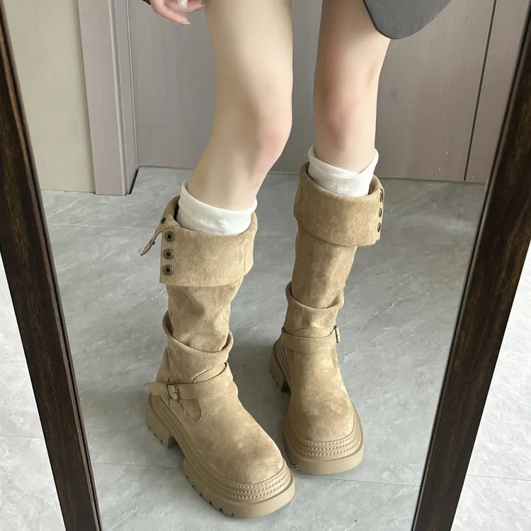 南在南方复古厚底粗跟增高长筒靴女秋2025新款配裙子显瘦骑士靴子