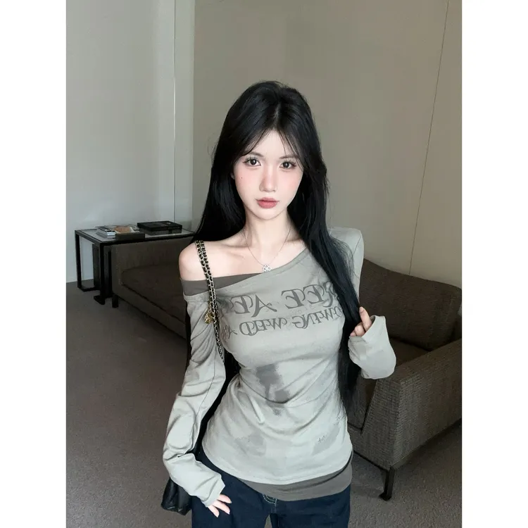 女生韩系ins美妹风拼接斜肩一字肩两穿复古晕染印花显瘦上衣女