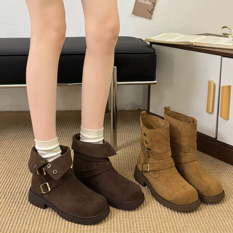 秋冬新款两穿美拉德风麂皮绒软皮短靴复古英伦风增高潮流时尚