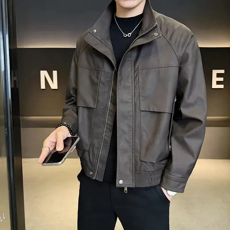 复古机车风立领皮夹克男宽松加绒加厚冬季防风皮衣外套痞帅高级感