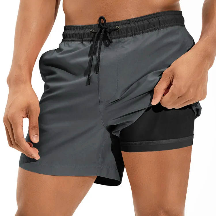纯色沙滩裤男士速干可下水双层游泳裤夏季海边度假防尴尬运动短裤