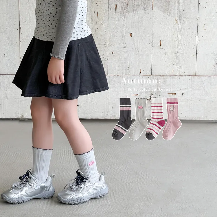 女童袜子春秋精梳棉无骨儿童中筒袜韩版刺绣条纹女孩宝宝秋天潮袜