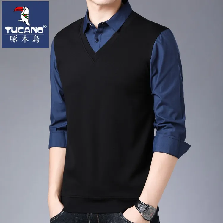 啄木鸟秋冬季新款长袖百搭男士休闲假两件毛衣商务时尚针织衫上衣