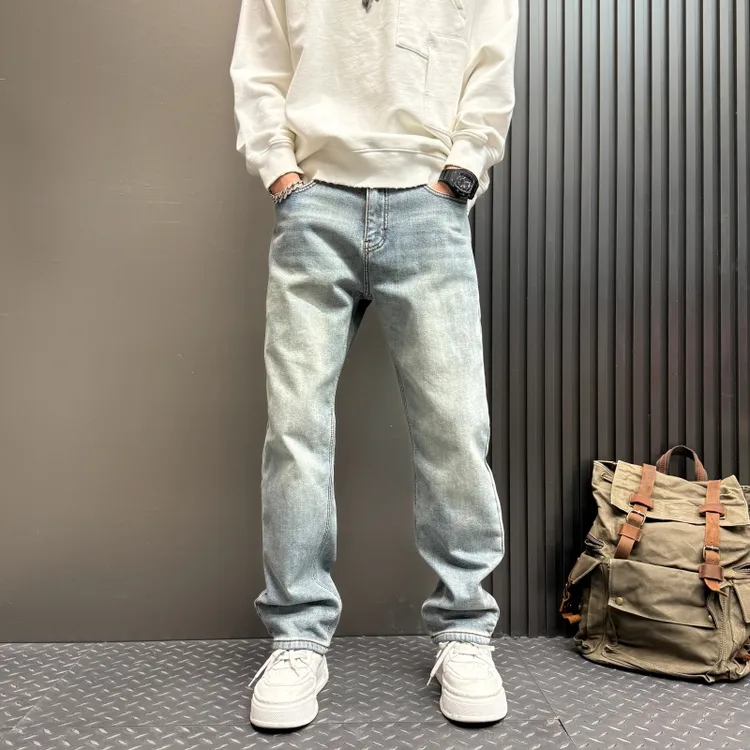 纯色简约加绒加厚牛仔裤秋冬男士新款美式高街潮流直筒型休闲长裤
