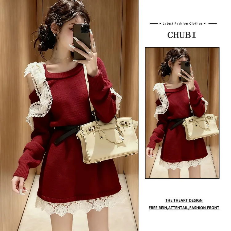 韩系氛围感蕾丝花边针织上衣女2025秋冬新款甜美风软糯厚款毛衣裙