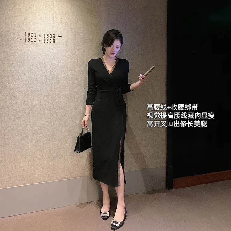 林关关【一眼万年】黑色长袖v领交叉绑带蕾丝针织连衣裙性感长裙子