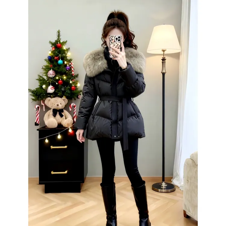黑色大毛领羽绒服女2025冬季新款爆款小个子韩系收腰90白鸭绒外套