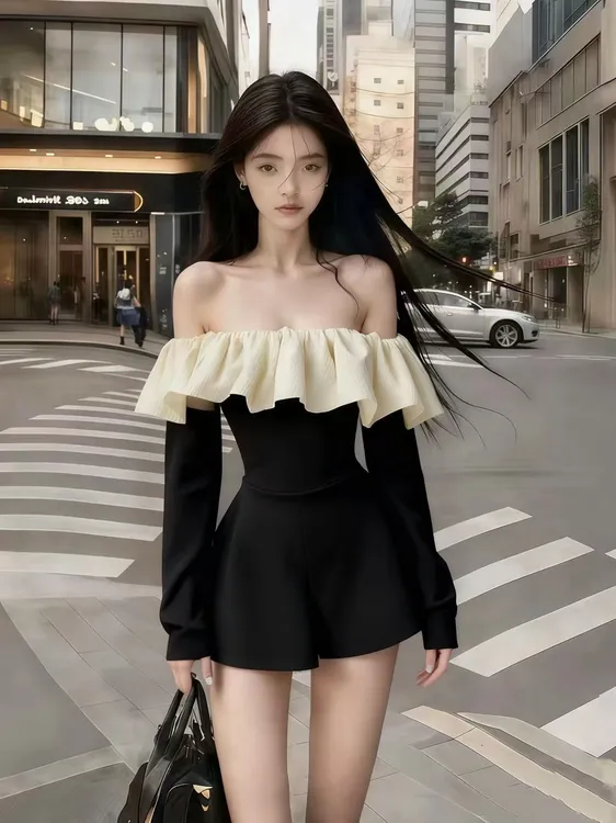 秋冬日常通勤穿搭黑色一字肩露肩抹胸长袖收腰百搭显瘦休闲裙裤