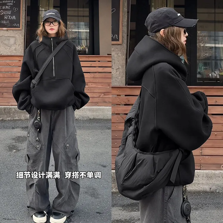 boxy短款连帽卫衣男2025春季新款美式高街重磅宽松休闲半拉链外套