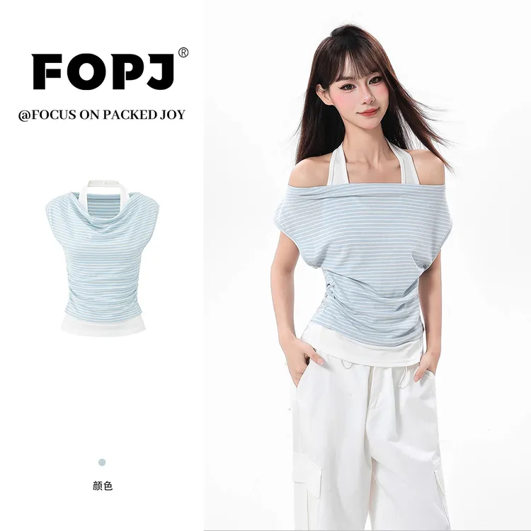 FOPJ时尚条纹设计感挂脖一字肩短袖t恤女夏季潮流百搭辣妹ins上衣