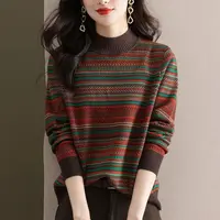 2025秋冬新款针织羊绒衫女半高领彩条纹保暖洋气内搭撞色毛衣打底