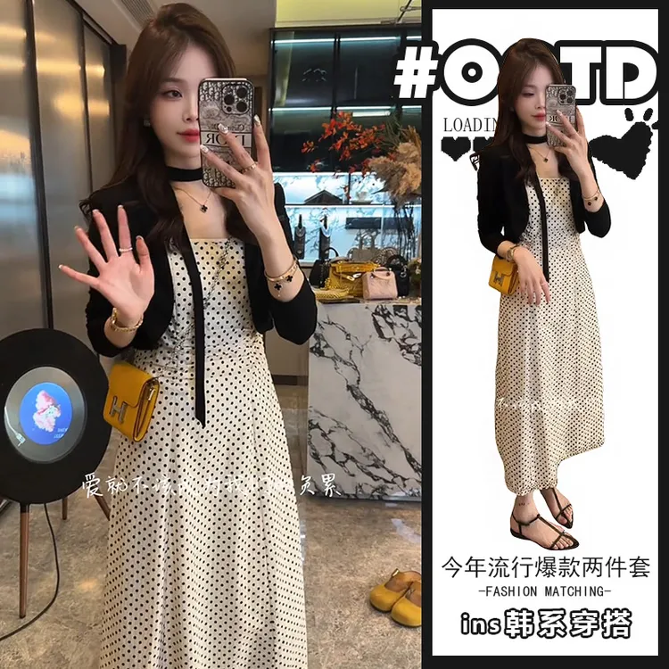 夏季桔梗法式两件套女设计感别致波点吊带连衣裙女洋气防晒开衫潮