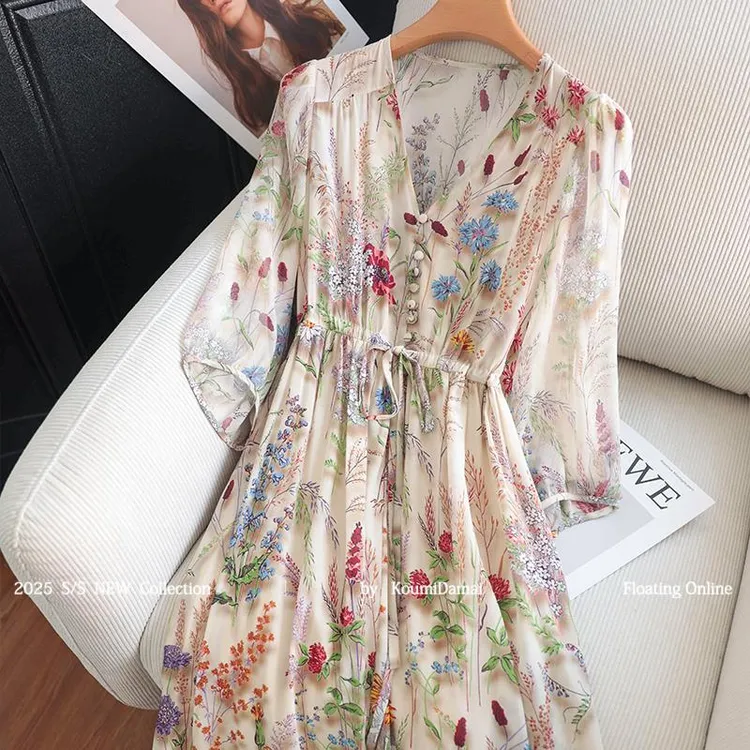 口米 浪漫法式田园！气质V领抽绳收腰a字碎花真丝桑蚕丝连衣裙女