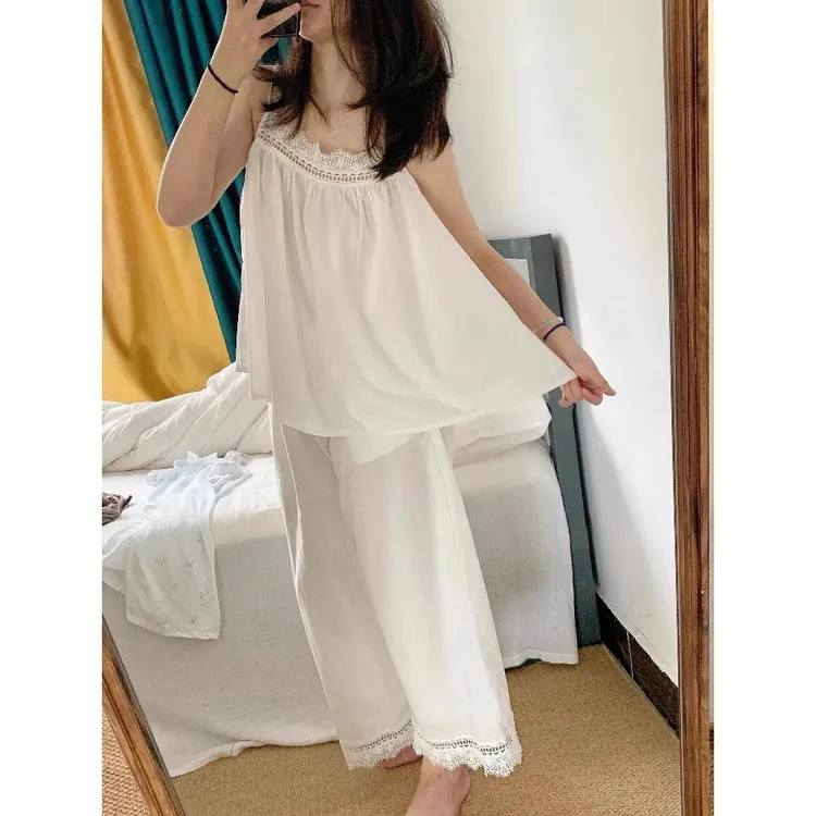 【镂空花边】网红风甜美蕾丝吊带睡衣女夏家居服大码可外穿长裤套装