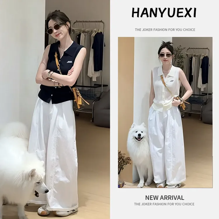 夏季爆款一整套女装2025新款韩系翻领无袖针织衫百搭阔腿裤两件套