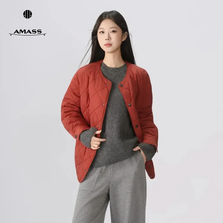 阿玛施AMASS新款质感百搭时尚气质百搭菱形格新雪丽棉服女5400730