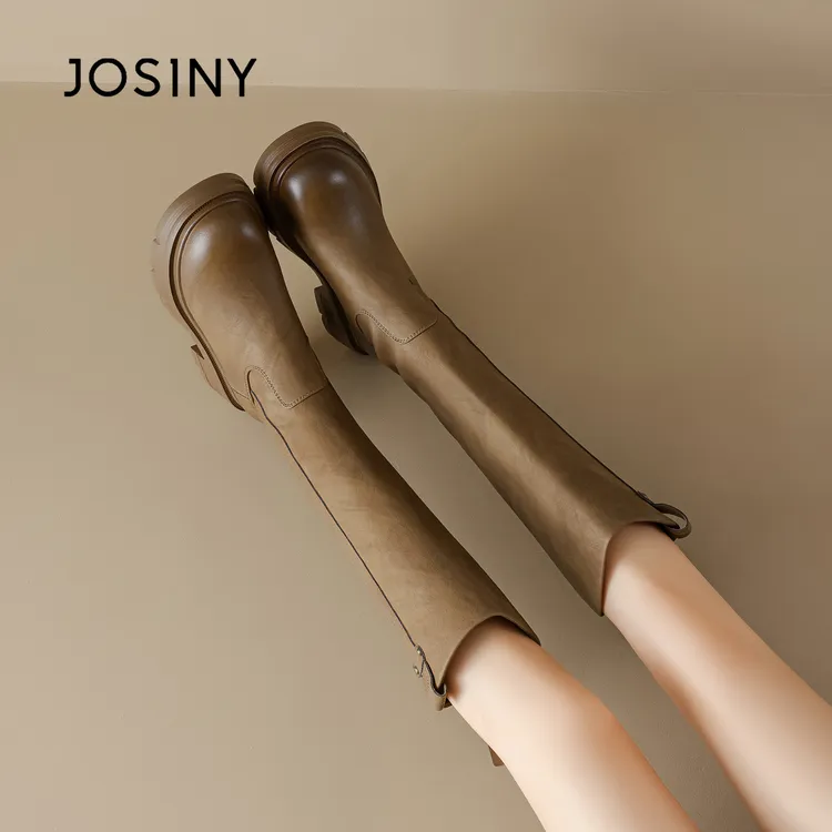 卓诗尼2025秋冬季时尚百搭美拉德风靴子粗跟小个子长筒圆头骑士靴