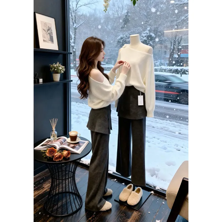 2025超火 一整套冬季套装女斜肩长袖针织毛衣高腰阔腿裤两件
