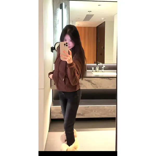 慵懒感保暖舒适抽绳连帽拉链修身短外套秋冬款收腰卫衣裤子两件套