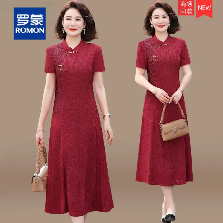 五月份喜婆婆婚宴装妈妈连衣裙夏装中老年女结婚礼服旗袍短袖裙子