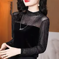 【80-160可穿】大码蕾丝女秋季时尚修身打底衫显瘦减龄网纱闪闪上衣