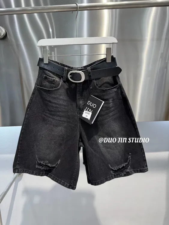 女款2025新INS风黑色高腰中裤破洞牛仔裤阔腿韩版宽松幂式穿搭潮