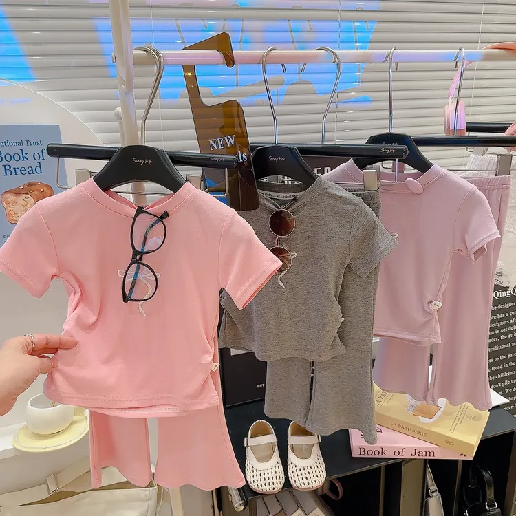 【女童套装】新款女童刺绣蝴蝶结收腰短袖薄款莫代尔宝宝两件套时尚