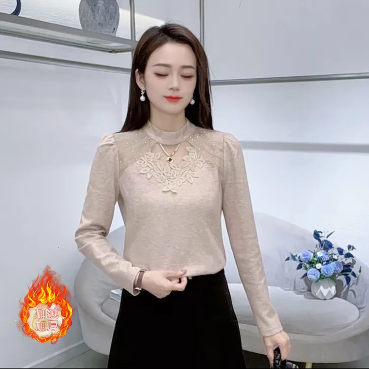 时尚花边拼接半高领长袖T恤女2025冬季新款洋气显瘦百搭加绒上衣