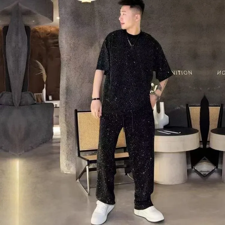 男士烫满天星钻短袖中腰休闲运动套装春夏网红运动薄款休闲透气帅