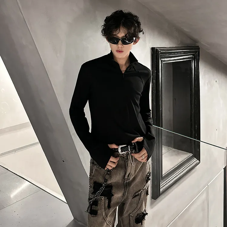 半拉链设计打底衫男款秋冬季高级感纯色内搭上衣休闲正肩长袖T恤