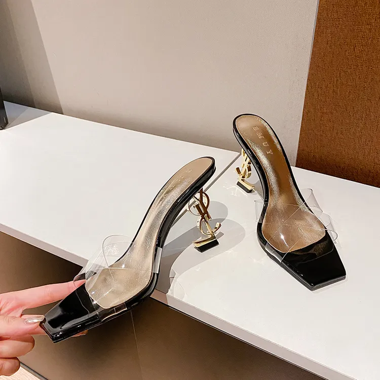 emuy透明拖鞋细跟纯色日常露趾漆皮一字带凉鞋方头粗跟外穿高跟鞋