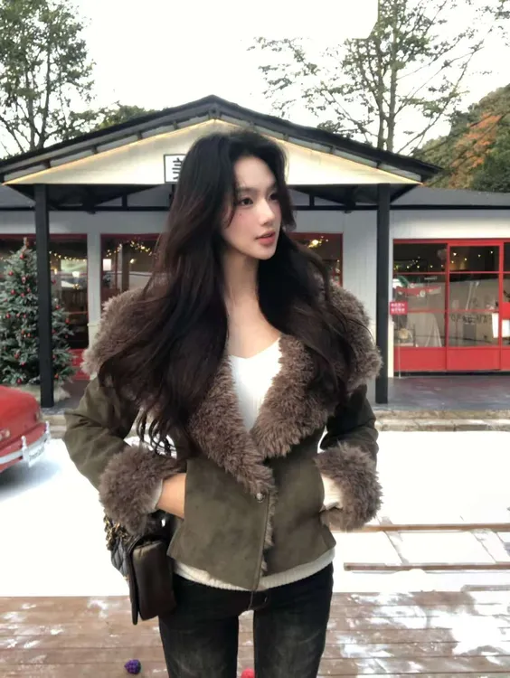 CC SHOP 保暖女冬季厚款辣妹风毛领短外套气质轻奢修身女装