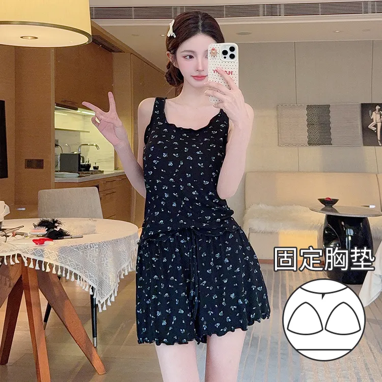 莫代尔带胸垫无袖睡衣女夏季背心甜美碎花2025新款夏天家居服套装