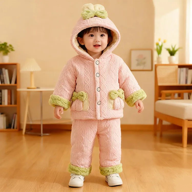 冬季珊瑚绒儿童家居服套装三层夹棉加绒加厚男童女童卡通睡衣套装