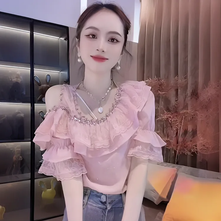 蕾丝荷叶边短袖T恤女夏季新款时尚绝美露肩宽松显瘦气质上衣套装