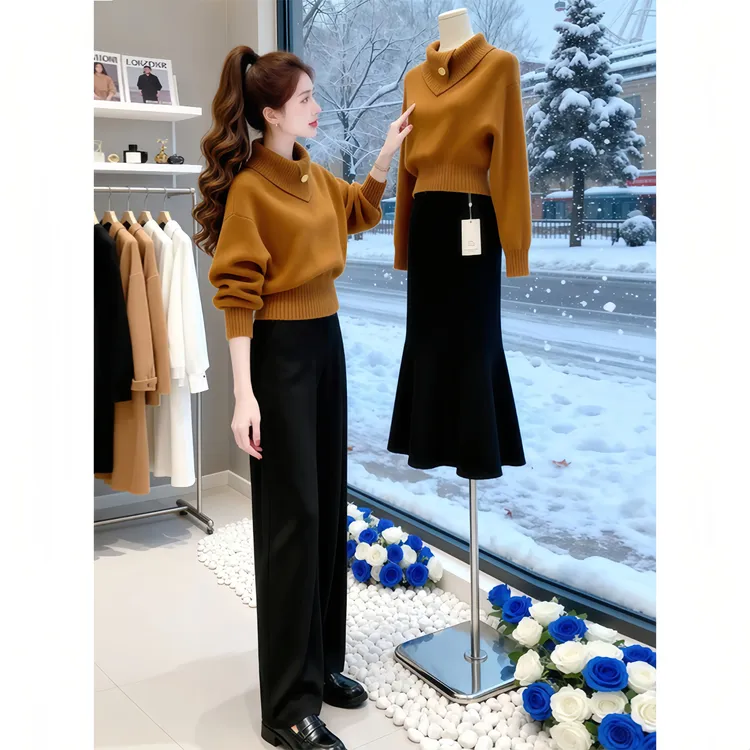 秋冬韩系淡人高知老钱风轻熟设计感软糯慵懒橘色高领打底针织衫女